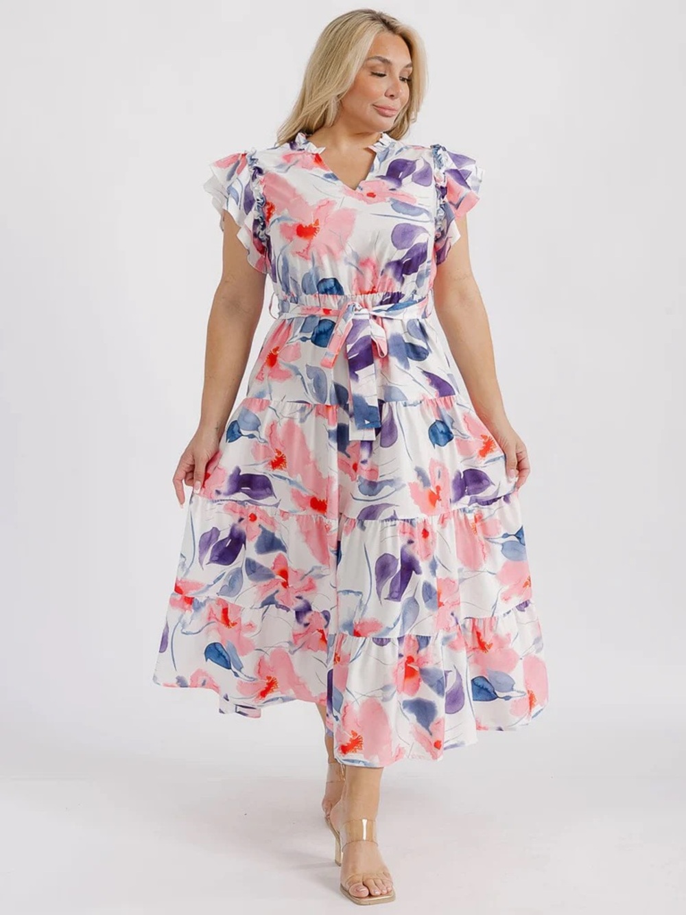 Soul of Curves Floral Midi Dress NWT Ruffle Sleeve Tie Waist Tiered Plus Size 1X